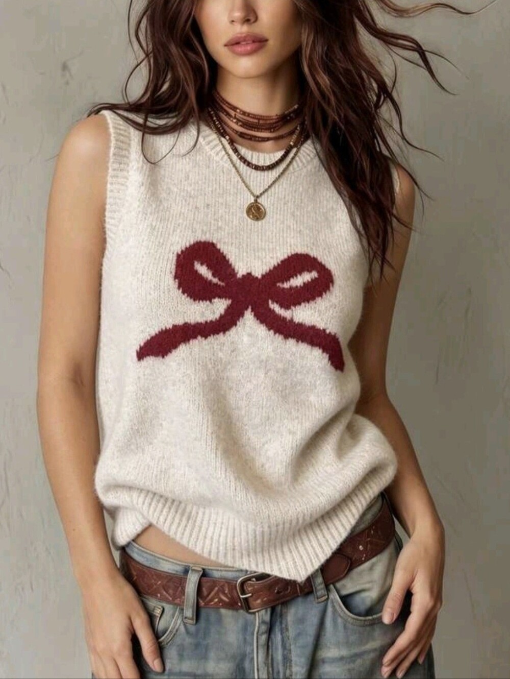 Bowknot Decor Sleeveless Knit Sweater Vest, Loose Fit Layering Winter Pullover